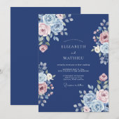 Invitation Mariage Fleur Romantique Navy (Devant / Derrière)