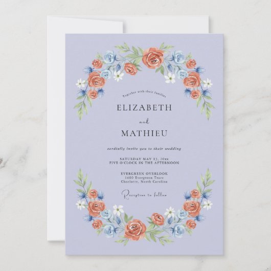 Invitation Mariage Fleur Romantique Pervenche (Devant)