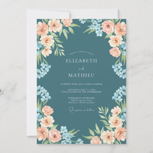 Invitation Mariage Fleur Romantique Sarcelle (Devant)