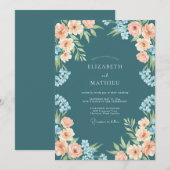 Invitation Mariage Fleur Romantique Sarcelle (Devant / Derrière)