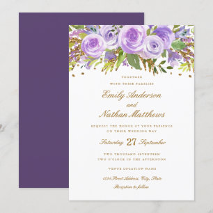 Invitation Mariage Fleur Rose Aquarelle Paillettes Or Violet