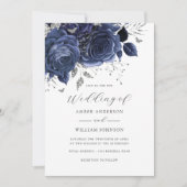 Invitation Mariage Fleur Rose Argent Navy (Devant)