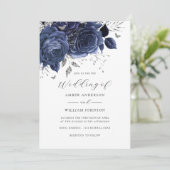 Invitation Mariage Fleur Rose Argent Navy (Debout devant)