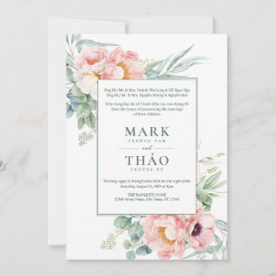 Invitation Mariage Fleur Rose Blanche Bilingue Vietnamien