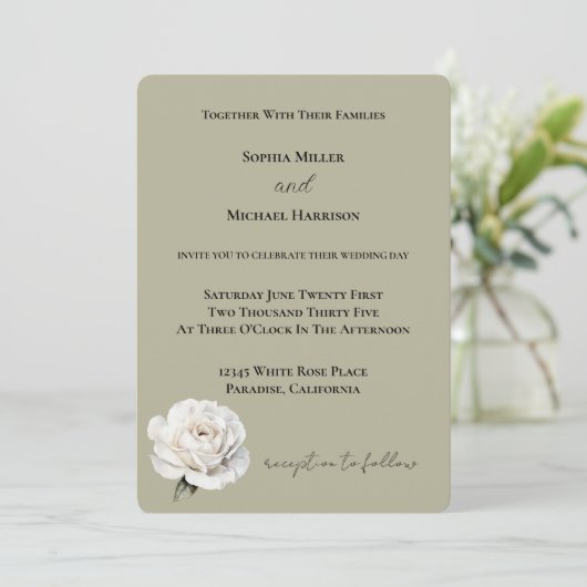 Invitation Mariage Fleur Rose Blanche Verte (Debout devant)