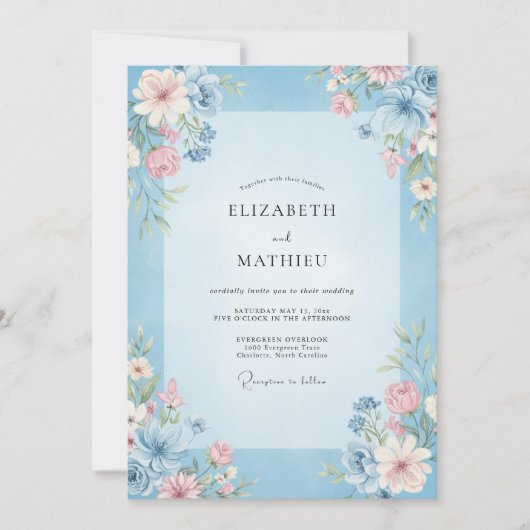 Invitation Mariage Fleur Rose Bleuet (Devant)