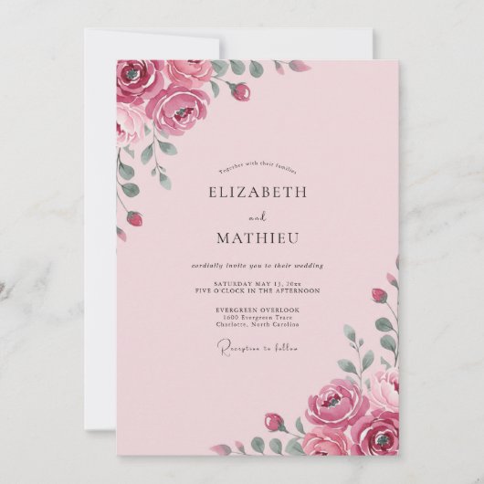 Invitation Mariage Fleur Rose Clair (Devant)