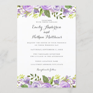 Invitation Mariage Fleur Rose Florale Aquarelle Violet Élégan