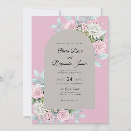 Invitation Mariage Fleur Rose Gris (Devant)