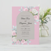 Invitation Mariage Fleur Rose Gris (Debout devant)
