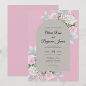 Invitation Mariage Fleur Rose Gris (Devant / Derrière)