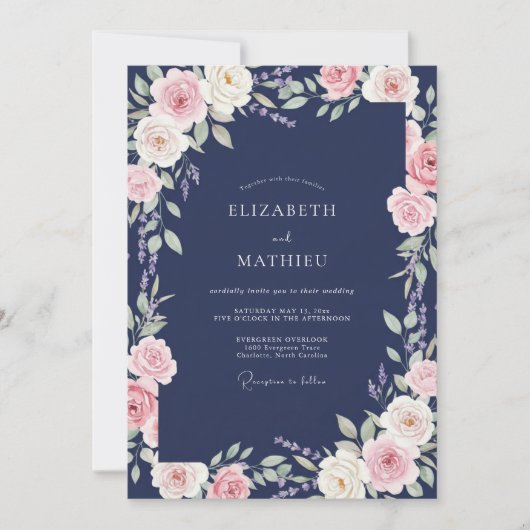 Invitation Mariage Fleur Rose Indigo (Devant)