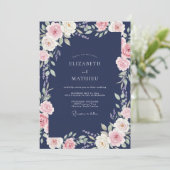Invitation Mariage Fleur Rose Indigo (Debout devant)