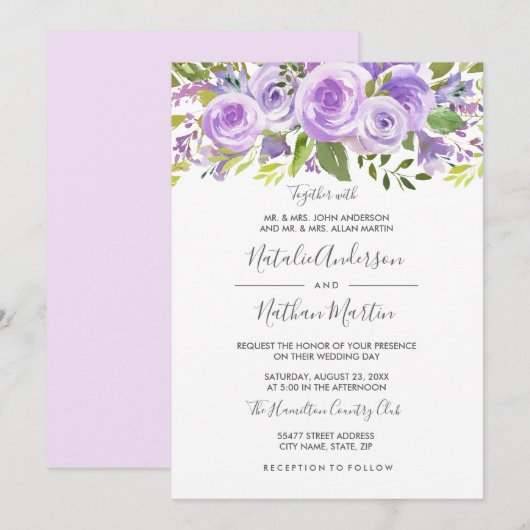 Invitation Mariage Fleur Rose Lavande Violette (Devant / Derrière)