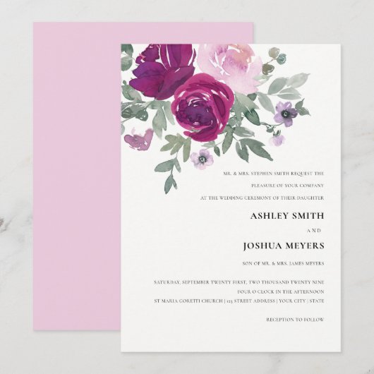 Invitation Mariage Fleur Rose Magenta Blanc Perle Douce (Devant / Derrière)