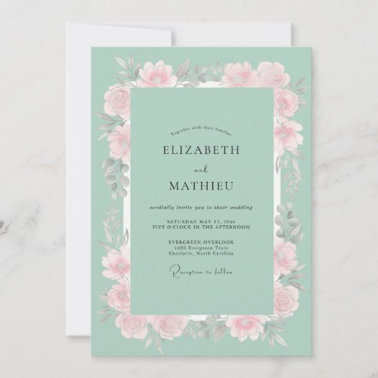 Invitation Mariage Fleur Rose Menthe (Devant)