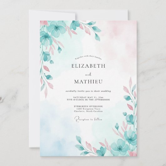 Invitation Mariage Fleur Rose Mousse de Mer (Devant)