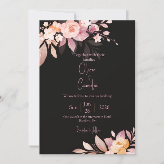 Invitation Mariage Fleur Rose Noir et Blush  (Devant)