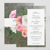 Invitation Mariage Fleur Rose Pâle Gris & Paillettes Argent 2 (Devant / Derrière)