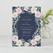 Invitation Mariage Fleur Rose Pâle Navy (Debout devant)