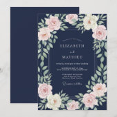 Invitation Mariage Fleur Rose Pâle Navy (Devant / Derrière)