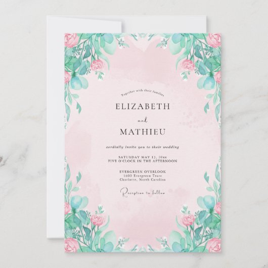 Invitation Mariage Fleur Rose Pétale de Menthe (Devant)