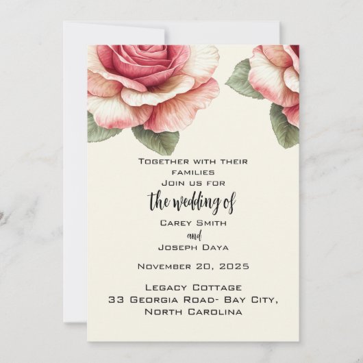 Invitation Mariage Fleur Rose Rose Pâle (Devant)