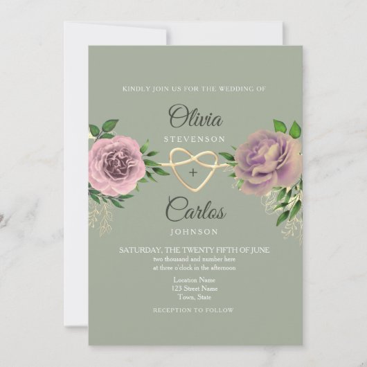 Invitation Mariage Fleur Rose Sage Vert (Devant)
