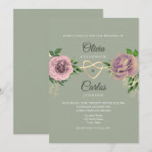 Invitation Mariage Fleur Rose Sage Vert (Devant / Derrière)
