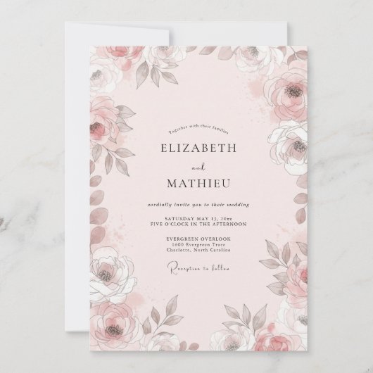 Invitation Mariage Fleur Rose Taupe (Devant)