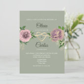 Invitation Mariage Fleur Rose Vert Sauge (Debout devant)