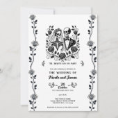 Invitation Mariage Fleur Rose Vigne Squelette Noir Blanc (Devant)