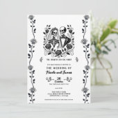Invitation Mariage Fleur Rose Vigne Squelette Noir Blanc (Debout devant)