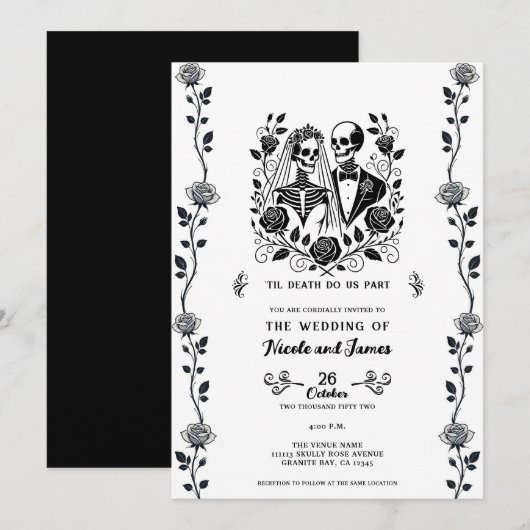 Invitation Mariage Fleur Rose Vigne Squelette Noir Blanc (Devant / Derrière)