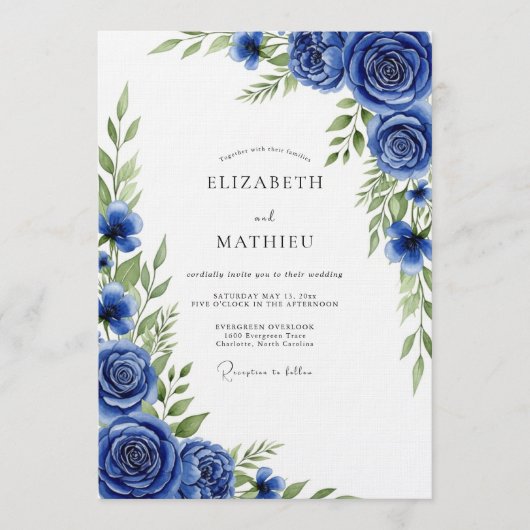Invitation Mariage Fleur Royale Bleue Peinte (Devant)