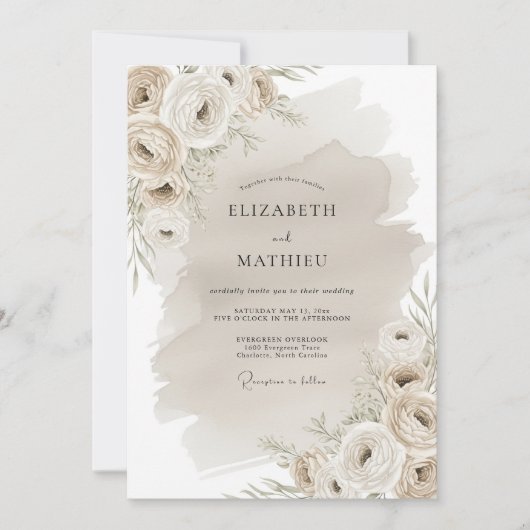 Invitation Mariage Fleur Rustique Beige (Devant)