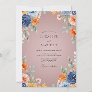 Invitation Mariage Fleur Rustique Bleu Marine