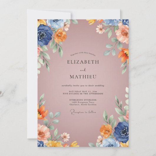 Invitation Mariage Fleur Rustique Bleu Marine (Devant)