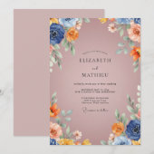 Invitation Mariage Fleur Rustique Bleu Marine (Devant / Derrière)