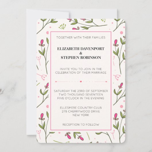 Invitation Mariage Fleur sauvage à longue tige rose et vert (Devant)