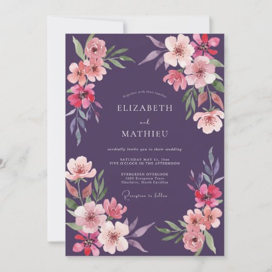 Invitation Mariage Fleur Sauvage Abricot Prune (Devant)