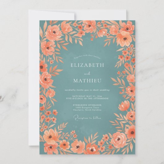Invitation Mariage Fleur Sauvage Acier Corail (Devant)