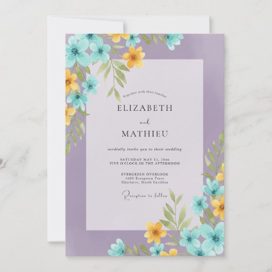 Invitation Mariage Fleur Sauvage Améthyste Aqua (Devant)