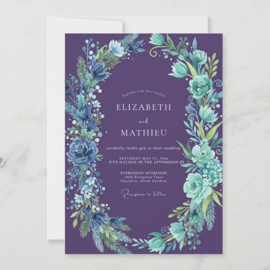 Invitation Mariage Fleur Sauvage Améthyste Cyan Feuillu (Devant)