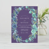 Invitation Mariage Fleur Sauvage Améthyste Cyan Feuillu (Debout devant)