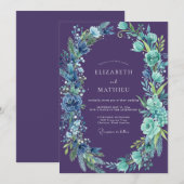 Invitation Mariage Fleur Sauvage Améthyste Cyan Feuillu (Devant / Derrière)
