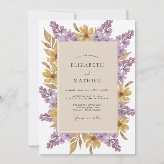 Invitation Mariage Fleur Sauvage Améthyste Or (Devant)