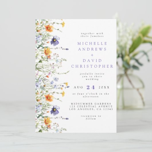 Invitation Mariage Fleur sauvage aquarelle (Debout devant)