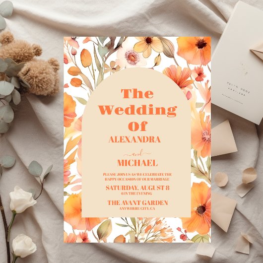 Invitation Mariage Fleur sauvage Aquarelle rose orange