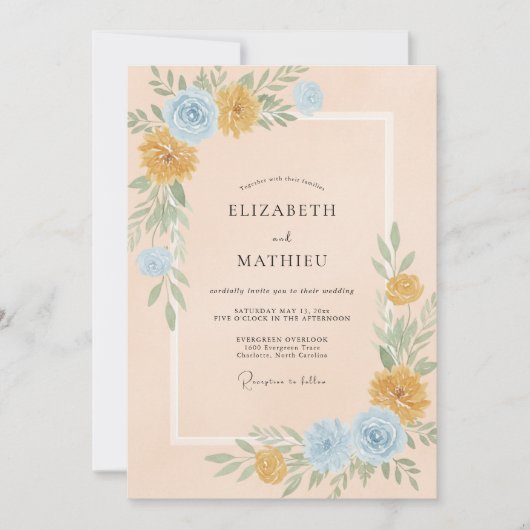 Invitation Mariage Fleur Sauvage Azur et Or (Devant)